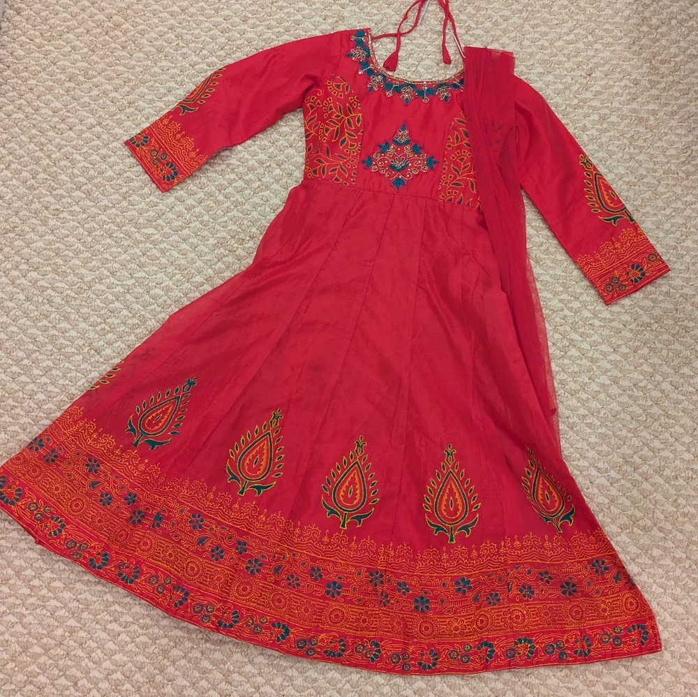 Girls Anarkali Suit - Pink, Orange & Green | Indian Ethnic Party Wear